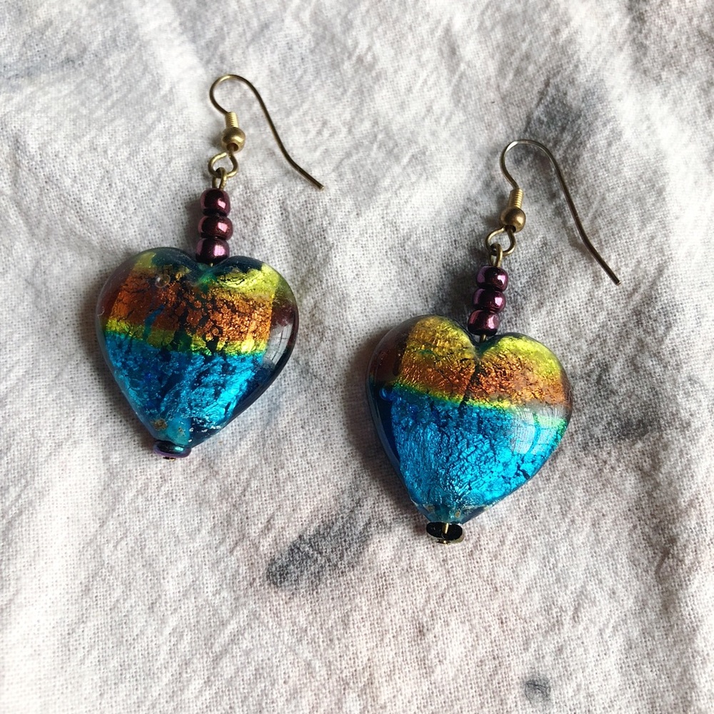 Handmade, Colorful, Glass Beaded, Heart Earrings